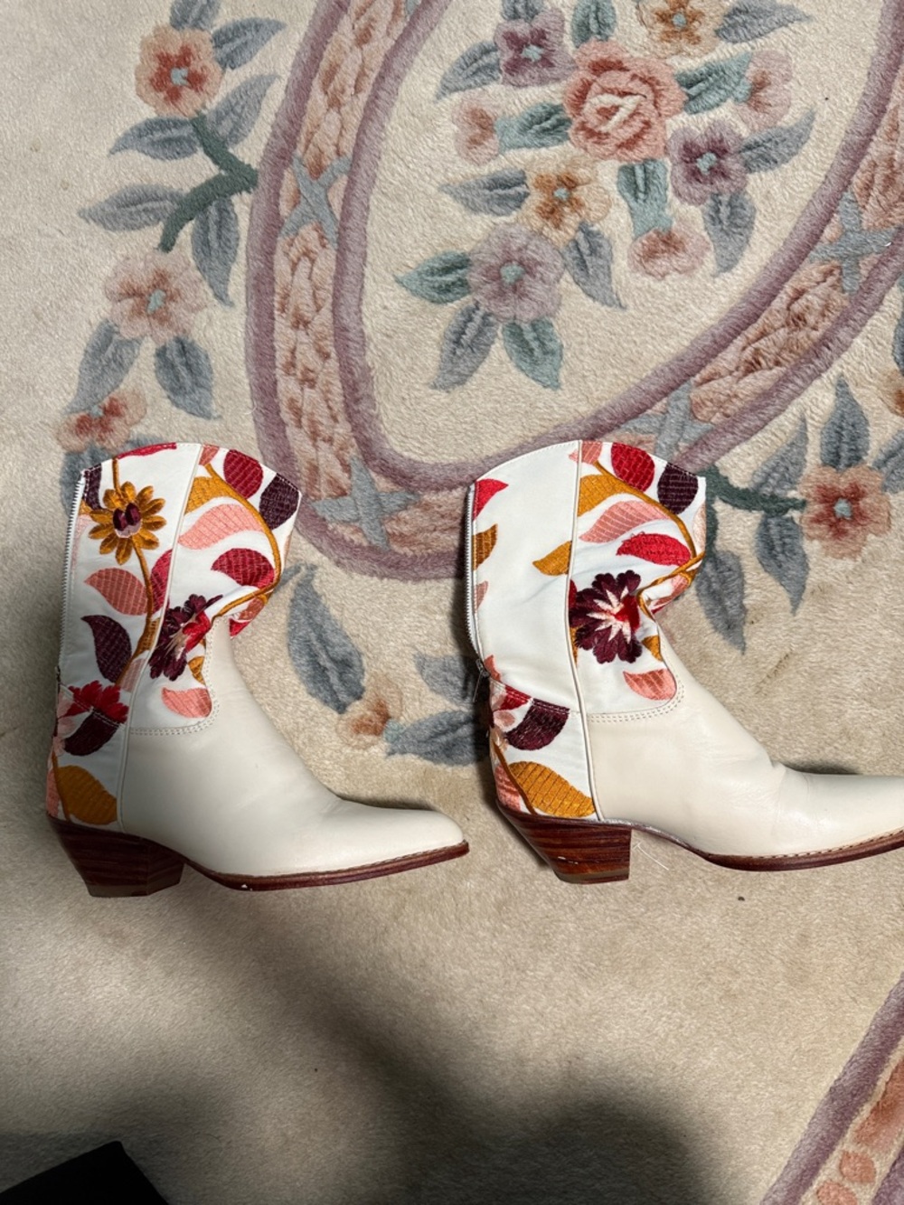 Women's Cream Floral Embroidered Western Heeled Ankle Boots